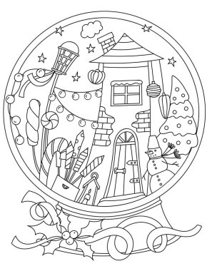 Ev ile Noel Kar Küresi Yetişkinler ve Çocuklar için Renk Sayfası İçinde Hediyeler