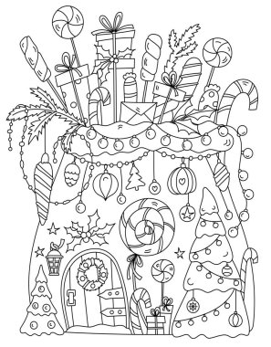 Hediye ve şekerlemelerle dolu Noel çantası artı yetişkinler ve çocuklar için boyama sayfası.