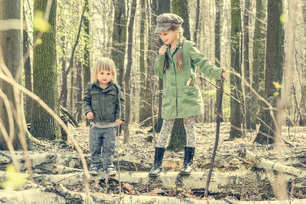 그녀의 여동생과 함께 숲에서 어린 소녀 — 스톡 사진