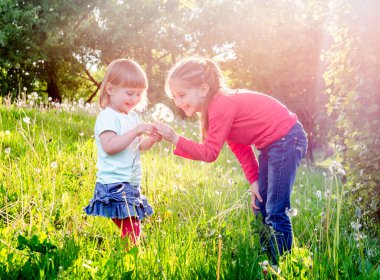 Bahar Çayırında Karahindiba Üfleyen İki Küçük Kız