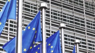 Brüksel, Belçika 'da AB Bayrakları ve Altın Yıldızlı Mavi Dalgalanıyor