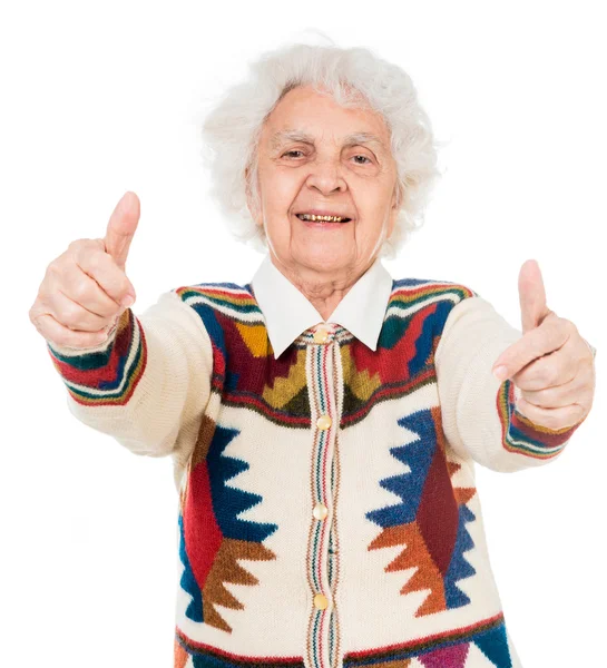 Mulher idosa com polegares para cima — Fotografia de Stock