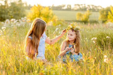 Two Girls Weaving Flower Crowns In A Field