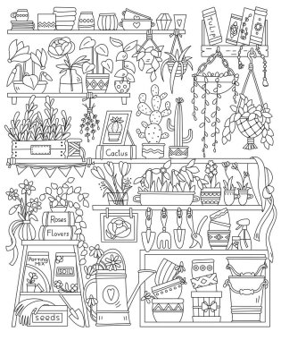 Bahçedeki bitkilerle dolu raflar ve çocuklar ve yetişkinler için boyama sayfaları.