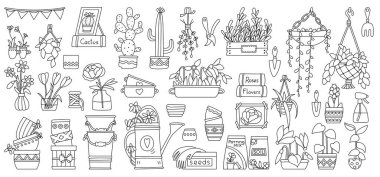 Yetişkinler ve çocuklar için bahçe bitkisi, erzak seti ve boyama sayfası