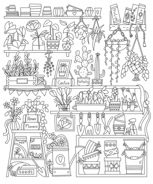 Bahçedeki bitkilerle dolu raflar ve çocuklar ve yetişkinler için boyama sayfaları.
