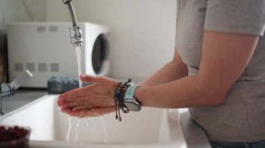 Mutfakta Çalışan Mutfak Musluğu Altında Kadın Elleri Taze Yaban mersinlerini Duruluyor