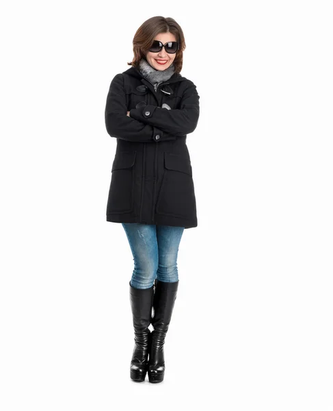 Menina bonita em casaco preto — Fotografia de Stock
