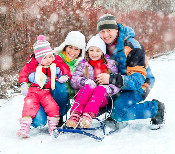 Retrato de invierno de una familia joven y feliz — Foto de Stock