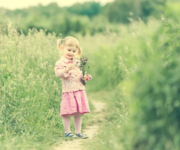 Schattig klein meisje op de weide — Stockfoto