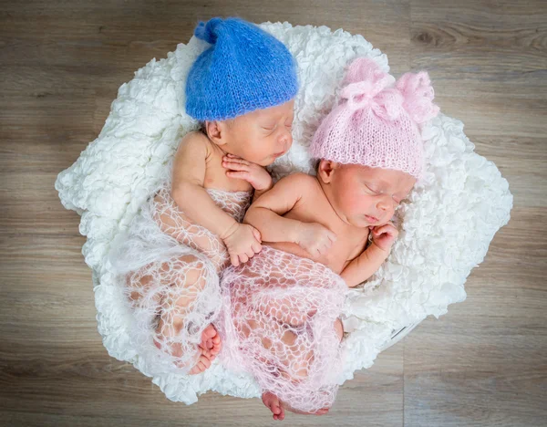 Jumeaux nouveau-nés l dormir dans un panier — Photo