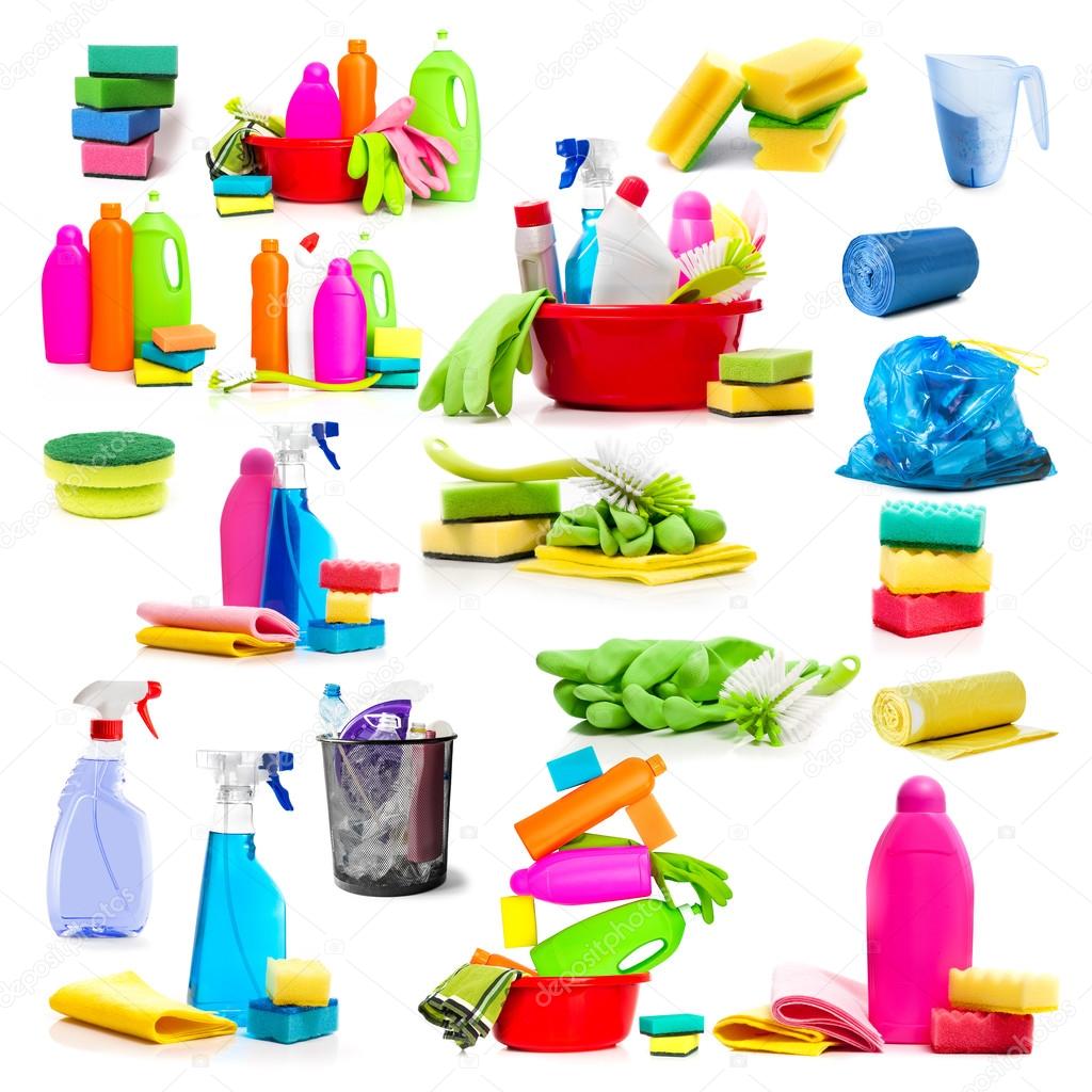 Collage of photos detergent and cleaning supplies