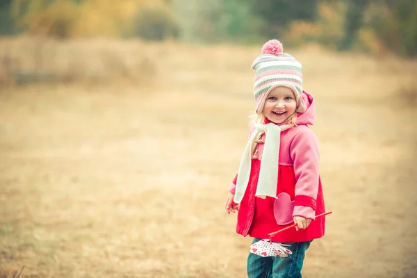 Little smiling girl on autumn landscape — Stock Photo, Image