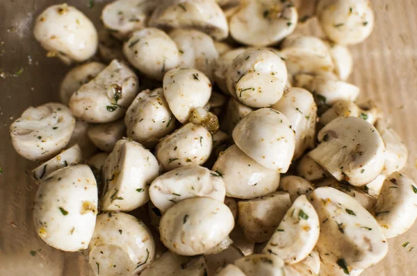 Seasoned sliced mushrooms in the dish — Stock Photo, Image