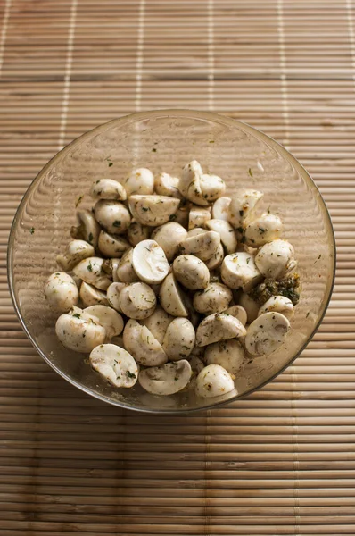 Seasoned sliced mushrooms in the dish — Stock Photo, Image