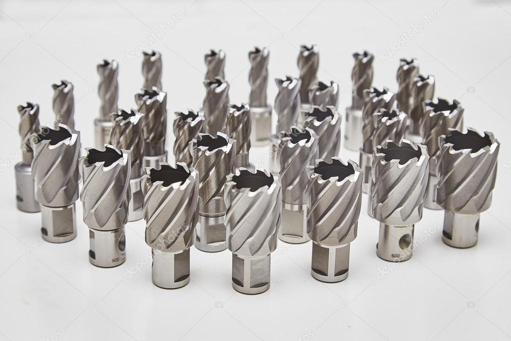 A bunch of heavy duty drill bits on studio white. HSS core drill