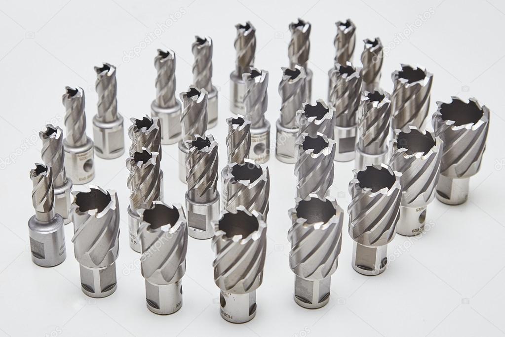 A bunch of heavy duty drill bits on studio white. HSS core drill for