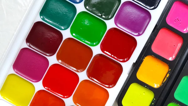Bright Colorful Watercolor Paints Painting Close — Stock Photo, Image