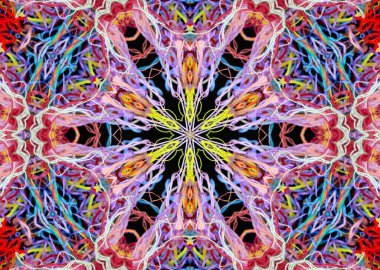 Siyah arkaplan üzerinde 3B etkisi olan çok renkli parlak ipliklerin soyut eşmerkezli deseni