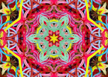 Siyah arkaplan üzerinde 3B etkisi olan çok renkli parlak ipliklerin soyut eşmerkezli deseni