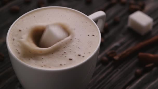 Suiker die in een kop koffie valt — Stockvideo