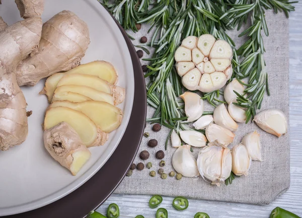 Set of spices on a wooden desk. — Stock Photo, Image