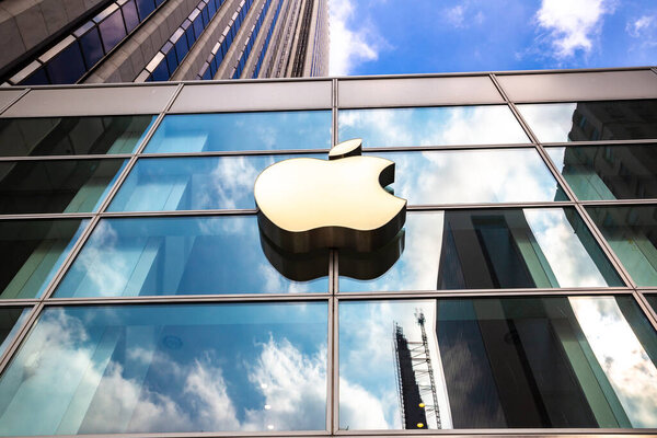 NEW YORK CITY, USA - MARCH 15, 2020: Apple store logo at Apple Fifth Avenue in New York City, NY, USA