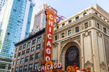 Chicago, ABD - 29 Mart 2020 Şikago Tiyatrosu tabelası, ABD