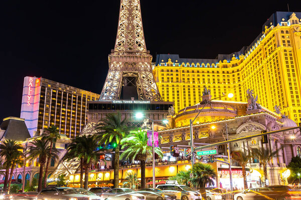 LAS VEGAS, USA - MARCH 29, 2020: Paris Las Vegas hotel and casino at night in Las Vegas, Nevada, USA
