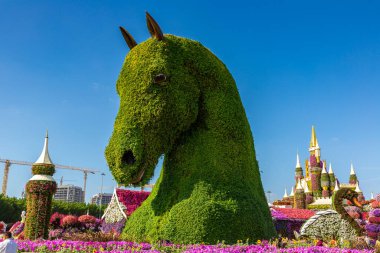 DUBAI, BİRLİK ARAB EMIRATES - 29 Mart 2020: Güneşli bir günde Dubai Mucize Bahçesi, Birleşik Arap Emirlikleri