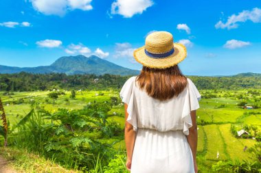 Endonezya, Bali 'deki Pirinç tarlası panoramik manzaralı kadın gezgin güneşli bir günde
