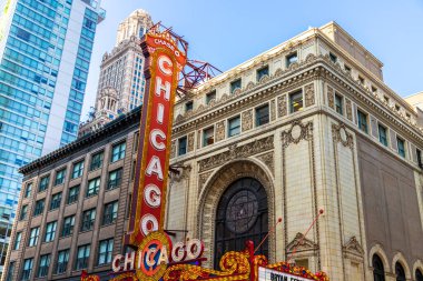 Chicago, ABD - 29 Mart 2020 Şikago Tiyatrosu tabelası, ABD