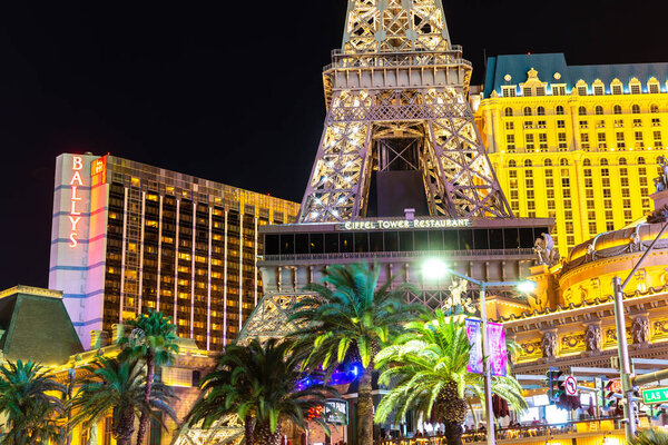 LAS VEGAS, USA - MARCH 29, 2020: Paris Las Vegas hotel and casino at night in Las Vegas, Nevada, USA