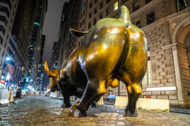 NEW YORK CITY, ABD - 15 Mart 2020: Geceleyin New York City, ABD 'de Bull heykeli