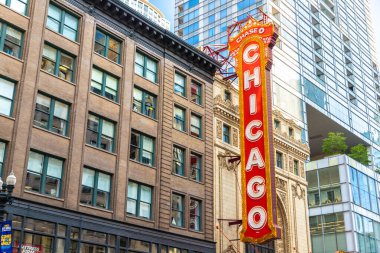 Chicago, ABD - 29 Mart 2020 Şikago Tiyatrosu tabelası, ABD