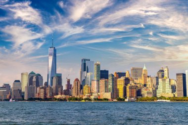 New York 'un New York şehrinin gün batımındaki panoramik manzarası, New York, ABD