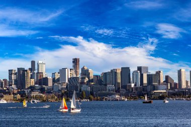 Güneşli bir günde Washington, ABD 'de Seattle City' nin panoramik manzarası