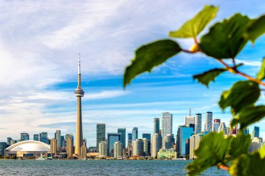 Güneşli bir günde Toronto şehri ve CN Kulesi 'nin panoramik manzarası, Ontario, Kanada