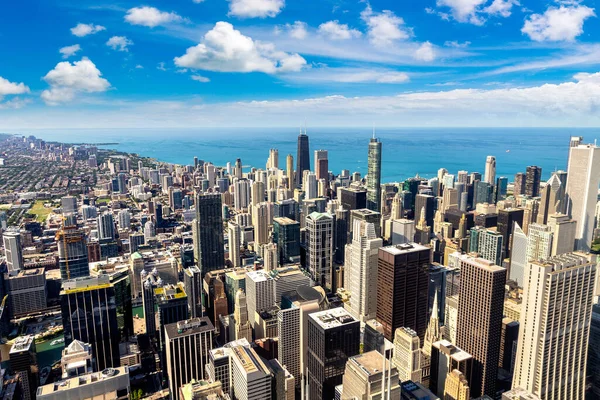 Panorama Antenn Stadsbild Chicago Och Lake Michigan Solig Dag Illinois — Stockfoto