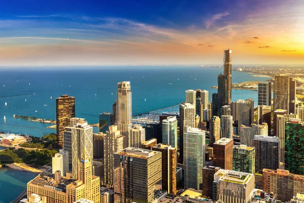 Panoramische Luchtfoto Van Chicago Lake Michigan Bij Zonsondergang Illinois Verenigde — Stockfoto
