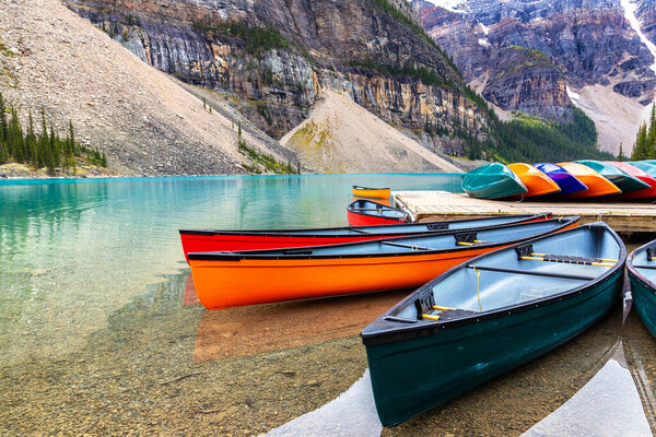 Canoes on Lake Moraine, Banff National Park Of Canada