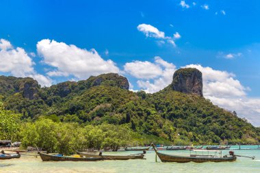 Tayland geleneksel uzun kuyruklu teknesi Krabi, Ao Nang, Tayland 'daki Railay East Beach' te.
