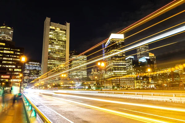 Traffic Light Trails Boston Cityscape Night Usa — Stock fotografie