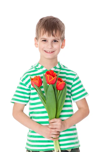 Menino segurando tulipas — Fotografia de Stock