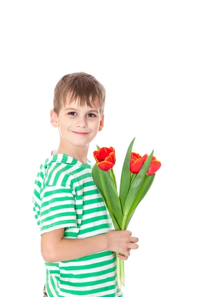 Niño sosteniendo tulipanes — Foto de Stock