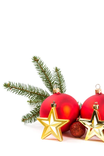 Red Christmas balls and fir branch — Stock Photo, Image