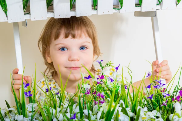 Dívka s květy na jaře — Stock fotografie