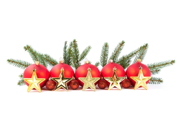 Red Christmas balls and fir branch — Stock Photo, Image