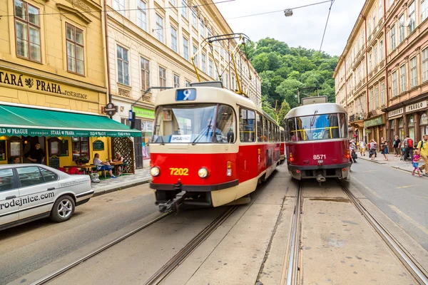 布拉格红色电车的细节，捷克共和国 — 图库照片