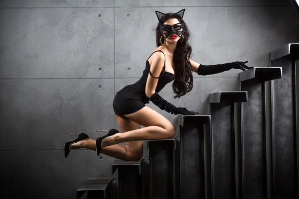 Merdivenlerde yalan kedi kadın kıyafetli seksi kadın — Stok fotoğraf